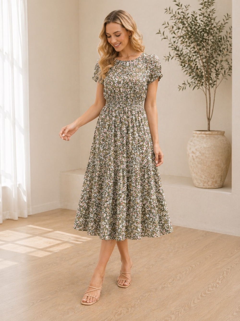 Grecerelle Floral Boho Midi Dress – Size XL - Flowy - Elastic Waist - Picture 2 of 13